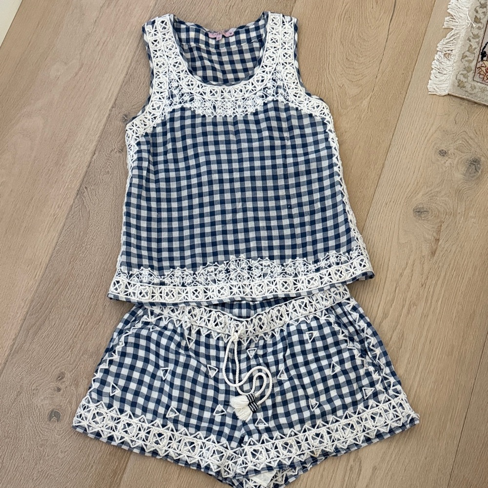 Calypso St. Barth Navy and Cream Checkered Top and shorts